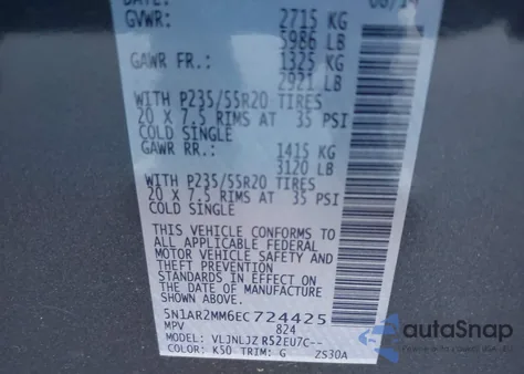 2014 Nissan Pathfinder Platinum z USA, uszkodzony, nr VIN 5N1AR2MM6EC724425